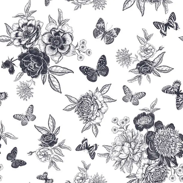 Vector illustration of Black and white Vintage floral seamless pattern. Peonies, roses and butterflies.