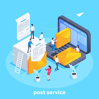 isometric vector image on a blue background, people send documents in envelopes by email, postal service and mail workers