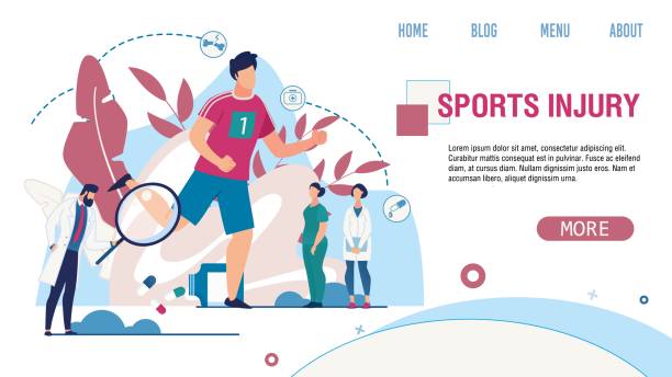 Sports Injury Treatment Service Flat Landing Page Sports Injury Treatment Online Medical Service Flat Landing Page. Vector Cartoon Sportsman and Doctors Physician Specialist Detecting Trauma Helping Patients Illustration. Rehabilitation and Recovery sports medicine stock illustrations