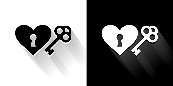 Key to the Heart  Black and White Icon with Long Shadow. This 100% royalty free vector illustration is featuring the square button and the main icon is depicted in black and in white with a black icon on it. It also has a long shadow to give the icons more depth.