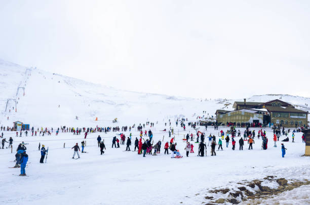 Kaimaktsalan Greece, Skiers enjoy the snow at one of the most famous ski center of Greece . stock photo