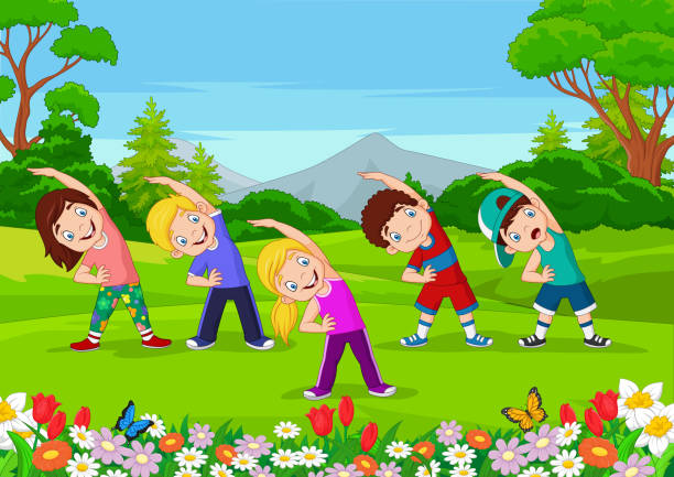 ilustraciones, imágenes clip art, dibujos animados e iconos de stock de dibujos animados niños pequeños haciendo ejercicio en el parque - arrangement asia backgrounds balance