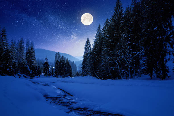 fryst och snötäckt fjäll flod på natten - moon forest bildbanksfoton och bilder