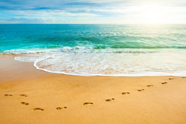 Human footprints on a empty sea beach