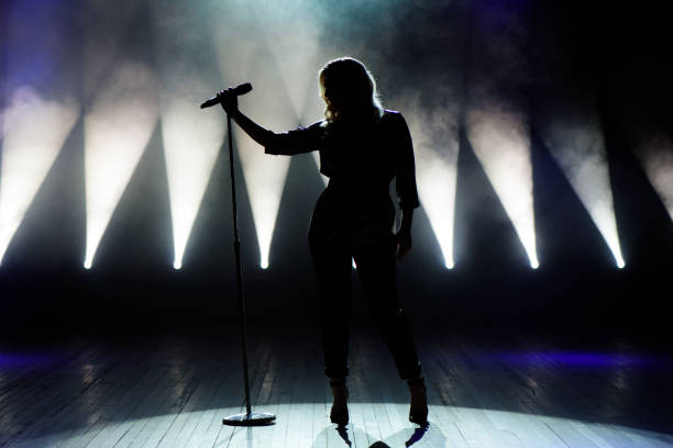 sänger gesangt zum mikrofon. sänger in silhouette - microphone popular music concert stage music stock-fotos und bilder