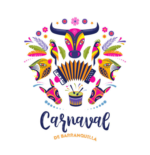 illustrazioni stock, clip art, cartoni animati e icone di tendenza di carnaval de barranquilla, festa di carnevale colombiana. illustrazione vettoriale, poster e volantino - brazilian culture illustrations