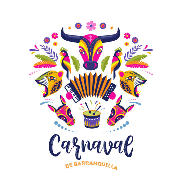 carnaval de barranquilla, kolumbijska impreza karnawałowa. ilustracja wektorowa, plakat i ulotka - ludowa muzyka stock illustrations