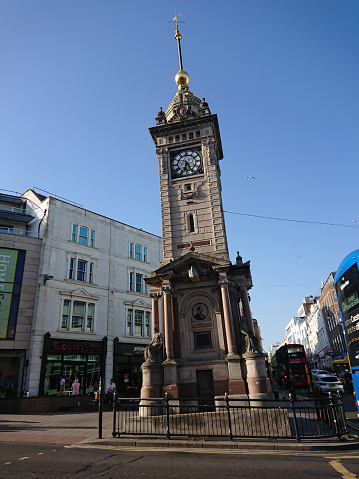 Brighton, East Sussex, England - 29 June 2019: A clock tower in the town.