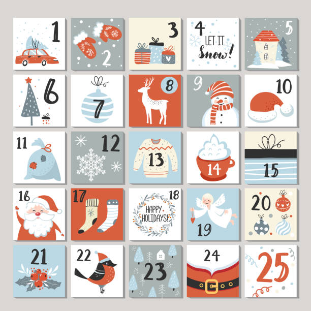 kalendarz adwentowy, plakat bożonarodzeniowy. - wrapping paper christmas gift snowman stock illustrations