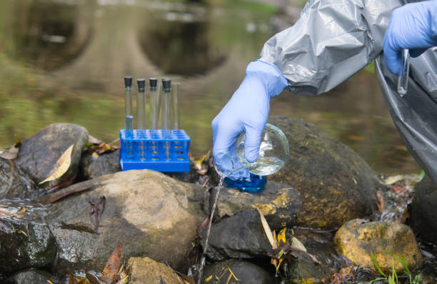 istock scientist's hand, in a protective suit and gloves, pours liquid from a flask into a pond 1192049633