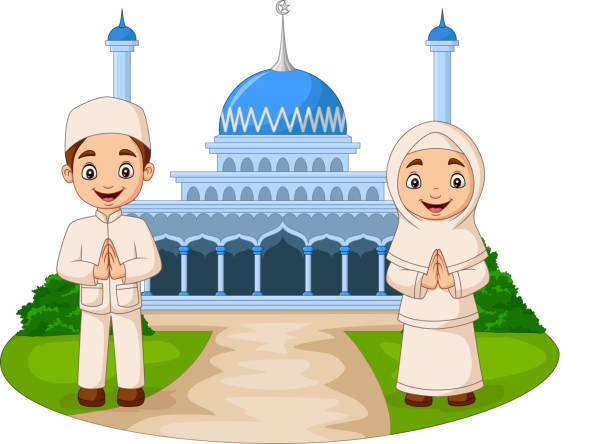 Happy cartoon Muslim kids in front of mosque Vector illustration of Happy cartoon Muslim kids in front of mosque cartoon of muslim costume stock illustrations