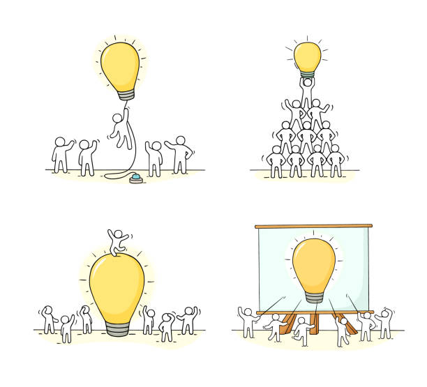 ilustraciones, imágenes clip art, dibujos animados e iconos de stock de conjunto de doodle de trabajadores con ideas de lámparas - business leadership backgrounds light bulb