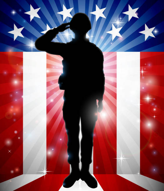 Soldier Saluting American Flag Background A patriotic soldier standing saluting in front of an American flag background veterans day logo stock illustrations