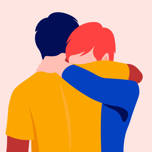 Two men hug each other. Best friends. Father and son met. Support in problems. Partners are experiencing a tragedy. Two men hug each other. Best friends. Father and son met. Support and assistance in problems. Partners are experiencing a tragedy. Vector flat illustration reunion stock illustrations