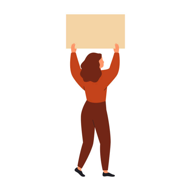 illustrazioni stock, clip art, cartoni animati e icone di tendenza di una donna che protesta tiene un cartello sopra la testa, retrovisore - woman with arms raised back view