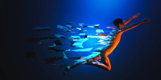 istock Low polygonal man with traingle particle on gradient background in blue color. Speed, run, sport web banner, poster concept. 3D illustration 1192061266