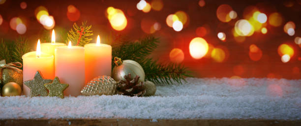 istock Four burning Advent candles and decoration. Christmas background. 1192061760