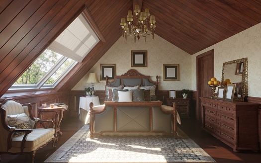 Retro style designed attic bedroom interior scene. ( 3d render )