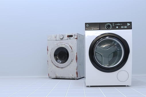 3D rendering of washing machine on gray background