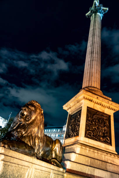 2019 trafalgar square leone di notte - lion statue london england trafalgar square foto e immagini stock