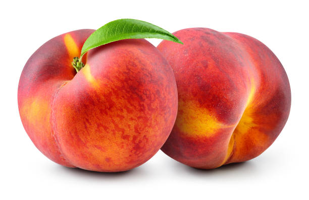 istock Peach isolate. Peach with leaf. Full depth of field. With clipping path. 1192074173