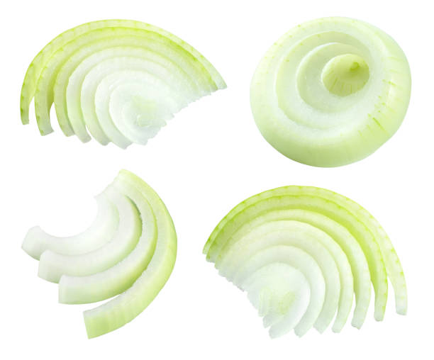 Onion slices isolated. Cut onion. Onion set. With clipping path.