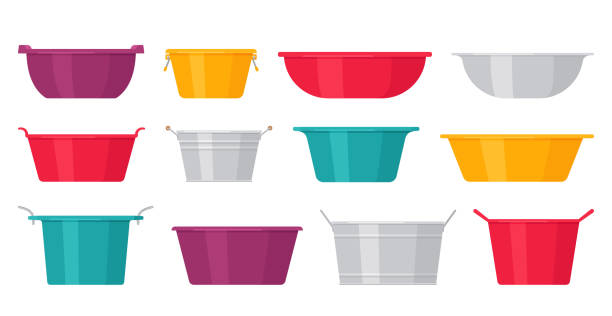 Basin. Plastic, metal washbowl. Vector illustration. Flat design. Basin. Vector. Plastic, metal washbowls. Bowl icons in flat design, isolated on white background. Cartoon colorful illustration. Set of containers. zinc stock illustrations