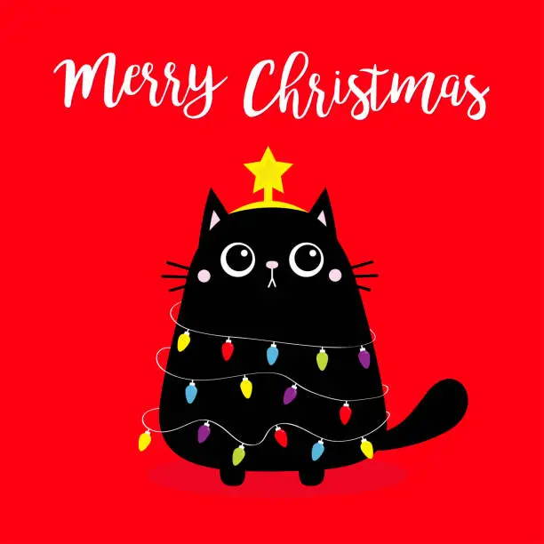 Vector illustration of Black cat Merry Christmas fir tree shape. Garland lights bulb string. Kitty kitten sitting. Funny Kawaii animal. Kids print. Cute cartoon baby character. Pet collection. Flat design. Red background