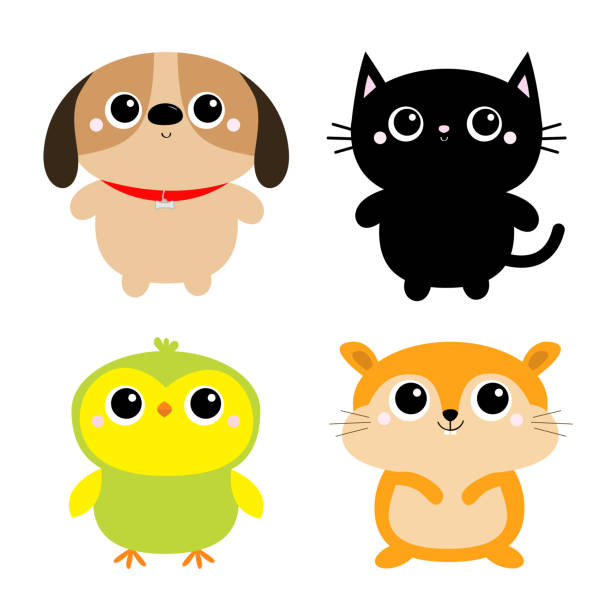 Black Cat Dog Hamster Parrot bird toy icon set. Big eyes. Kitty kitten standing. Funny Kawaii animal. Kids print. Cute cartoon baby character. Pet collection. Flat design White background Black Cat Dog Hamster Parrot bird toy icon set. Big eyes. Kitty kitten standing. Funny Kawaii animal. Kids print. Cute cartoon baby character. Pet collection. Flat design White background. Vector fat humor black expressing positivity stock illustrations
