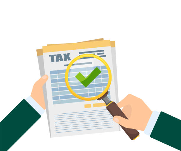 tax in hands with magnifier in flat style tax in hands with magnifier in flat style, vector tax clipart stock illustrations