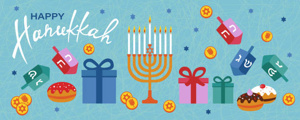 ilustraciones, imágenes clip art, dibujos animados e iconos de stock de feliz estandarte horizontal hanukkah con menorah, dreidels, cajas de regalo, letras hebreas, rosquillas, estrella david. - hanukkah menorah candle blue