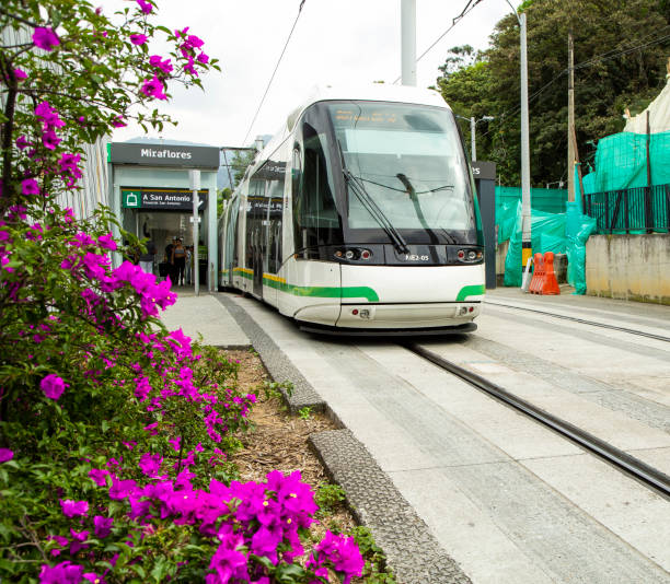 Medellín is a Colombian municipality, capital of the department of Antioquia. It is the most populous city in the department and the second most populous in the country Medellin, Antioquia / Colombia - December 03, 2019. The Medellín tramway is a means of rail transportation, urban electric passenger and operates in the city of Medellín. metro medellin stock pictures, royalty-free photos & images