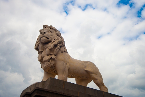 Lion statue in London Trafalgar Square in a sunny summer blue sky day. Called: The Landseer Lions