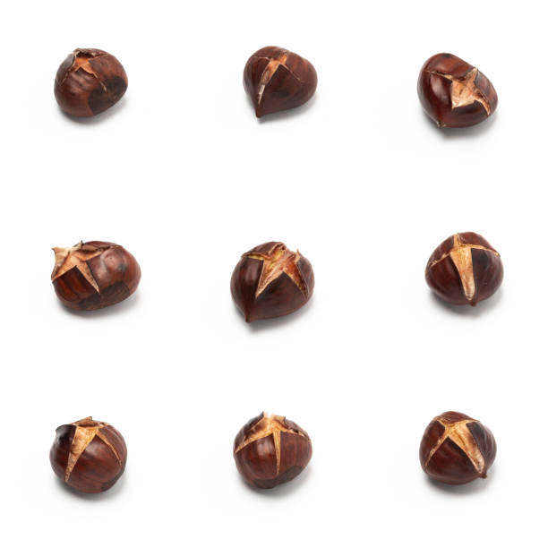 Variations of roasted Chestnuts, isolated on white background