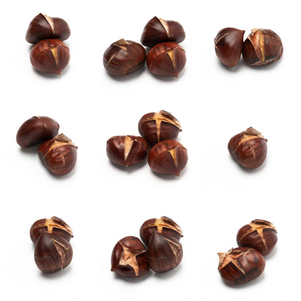 istock Variations of roasted Chestnuts, isolated on white background 1192079085