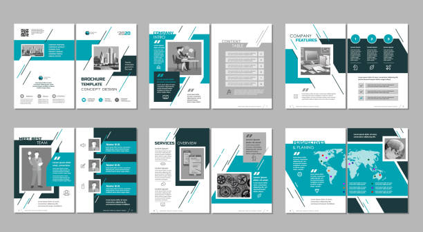 Brochure creative design. Multipurpose template, include cover, back and inside pages. Trendy minimalist flat geometric design. Vertical a4 format. magazine templates stock illustrations