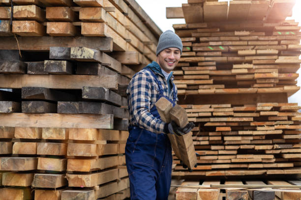 istock Young male worker in timber warehouse 1192081128