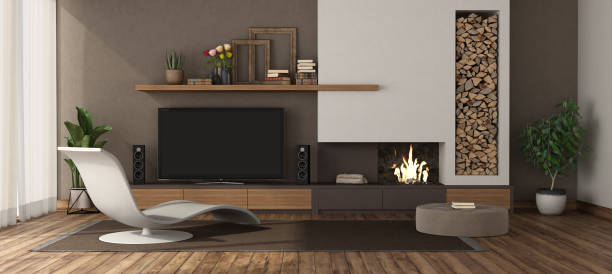 salon moderne avec cheminée et téléviseur - hardwood floor audio photos et images de collection