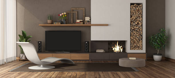 istock Modern living room with fireplace and tv set 1192081304