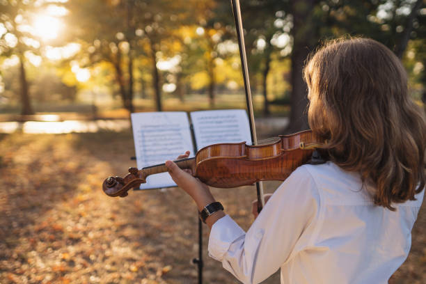 istock Young violinist playing violin in public park on sunny day 1192082613