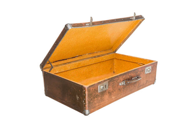 old opened brown soviet fiber suitcase isolated on white background