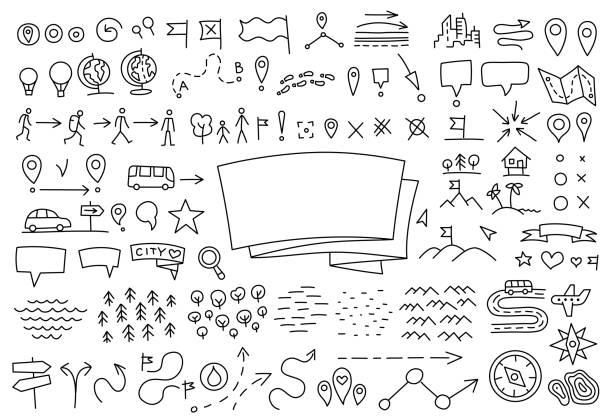 Travelers notes. Map set doodle background. Geographical. Yearbook cover. Copy space. Hand drawn sketch vector black line contour. Travelers notes. Map set doodle background. Geographical. Yearbook cover. Copy space. Hand drawn sketch vector black line outline contour. journey drawings stock illustrations