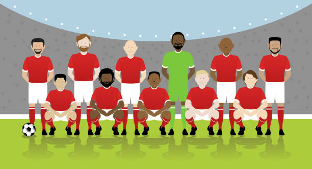 mens soccer team on football pitch line up of eleven multinational male soccer players in red kit on football pitch. EPS file available. midfielder stock illustrations