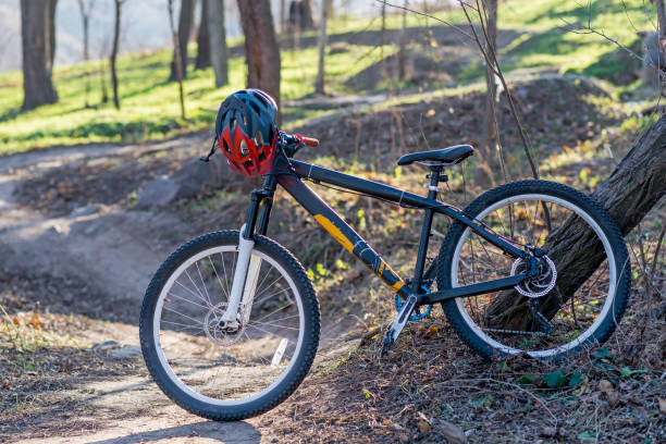 istock Bicycle with a helmet on the handlebars on a forest path. 1192083115