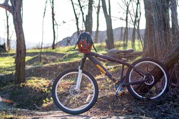 istock Bicycle with a helmet on the handlebars on a forest path. 1192083125