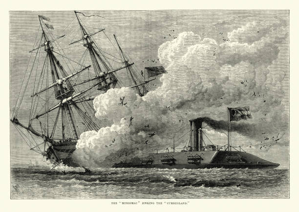 American civil war naval battle, CSS Virginia sinking the Cumberland Vintage engraving of the CSS Virginia ramming and sinking Cumberland, 1862. CSS Virginia was the first steam-powered ironclad warship built by the Confederate States Navy during the first year of the American Civil War. ironclad stock illustrations