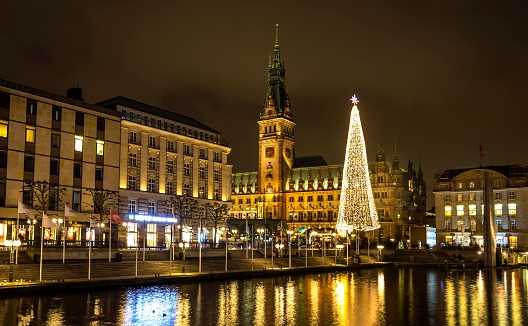 Christmas market at Town Hall square in Hamburg, Germany