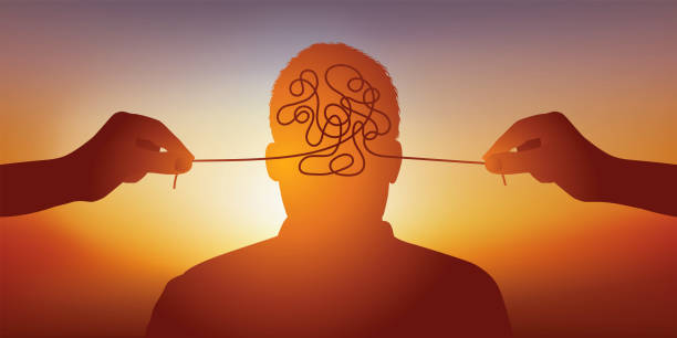 Concept of mental health with the symbol of a man cared for his tormented mind. vector art illustration