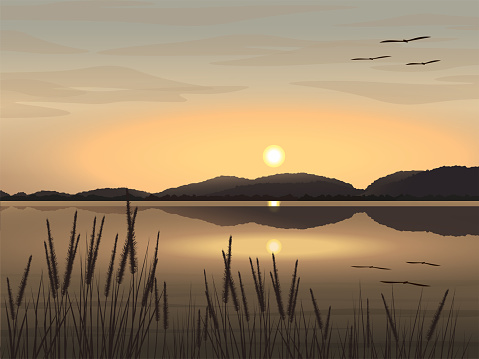 Vector illustration Beautiful natural landscape image of lake, mountains, evening sky The sun is setting, grass and birds flying.