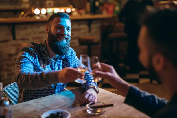 Two Handsome bearded Caucasian elegant men drinking whiskey together in a bar.